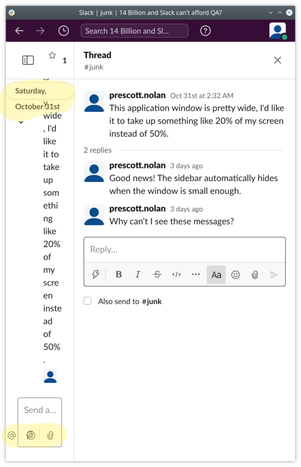 the main conversation pane shows the conversation date
         has overflowed its container, the main conversation text
         input area has overflowed badly so that icons are both
         overlapping and outside their visual container