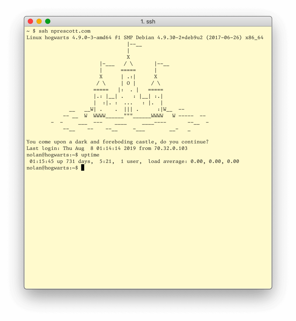 731 days of uptime with an ASCII art castle in the message of the
day banner