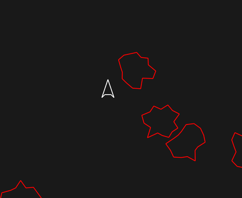 game screen with asteroid shapes drawn in red outline rather than white